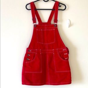 Red overalls dress